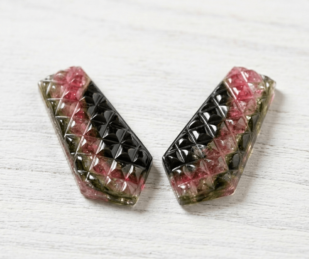 Natural Watermelon Tourmaline Carved Pair – Geometric Faceted Gemstone Cabochons - BeadsBoatInc