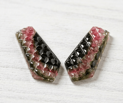 Natural Watermelon Tourmaline Carved Pair – Geometric Faceted Gemstone Cabochons - BeadsBoatInc