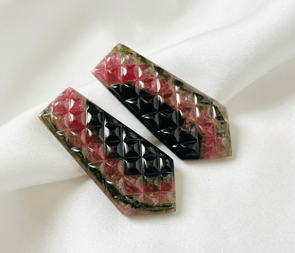 Natural Watermelon Tourmaline Carved Pair – Geometric Faceted Gemstone Cabochons - BeadsBoatInc