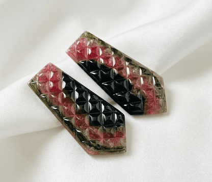 Natural Watermelon Tourmaline Carved Pair – Geometric Faceted Gemstone Cabochons - BeadsBoatInc