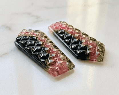 Natural Watermelon Tourmaline Carved Pair – Geometric Faceted Gemstone Cabochons - BeadsBoatInc