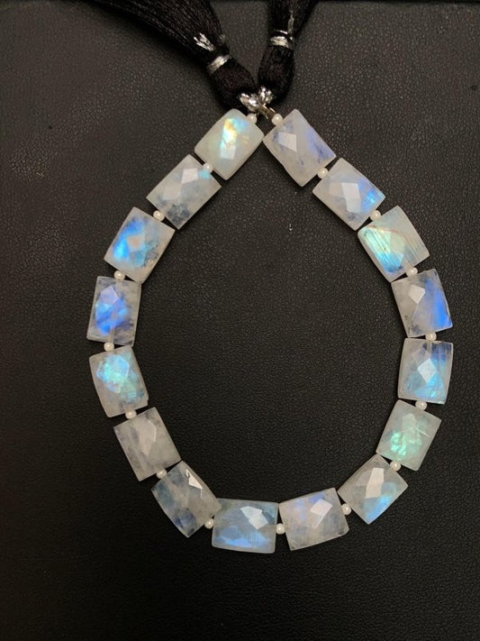 Natural White Rainbow Moonstone Faceted Square Center Drill Gemstone Beads - BeadsBoatInc