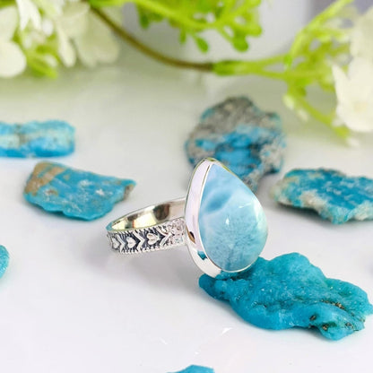 Ocean Blue Larimar Ring, Sterling Silver Boho Statement Ring - BeadsBoatInc