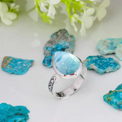 Ocean Blue Larimar Ring, Sterling Silver Boho Statement Ring - BeadsBoatInc