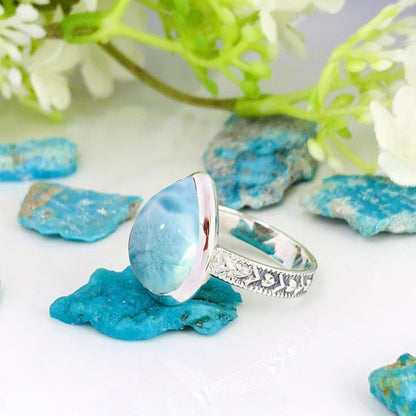 Ocean Blue Larimar Ring, Sterling Silver Boho Statement Ring - BeadsBoatInc