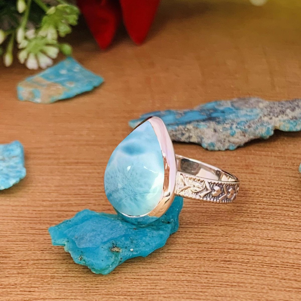 Ocean Blue Larimar Ring, Sterling Silver Boho Statement Ring - BeadsBoatInc
