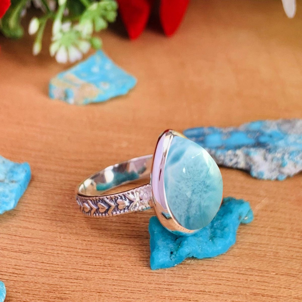 Ocean Blue Larimar Ring, Sterling Silver Boho Statement Ring - BeadsBoatInc