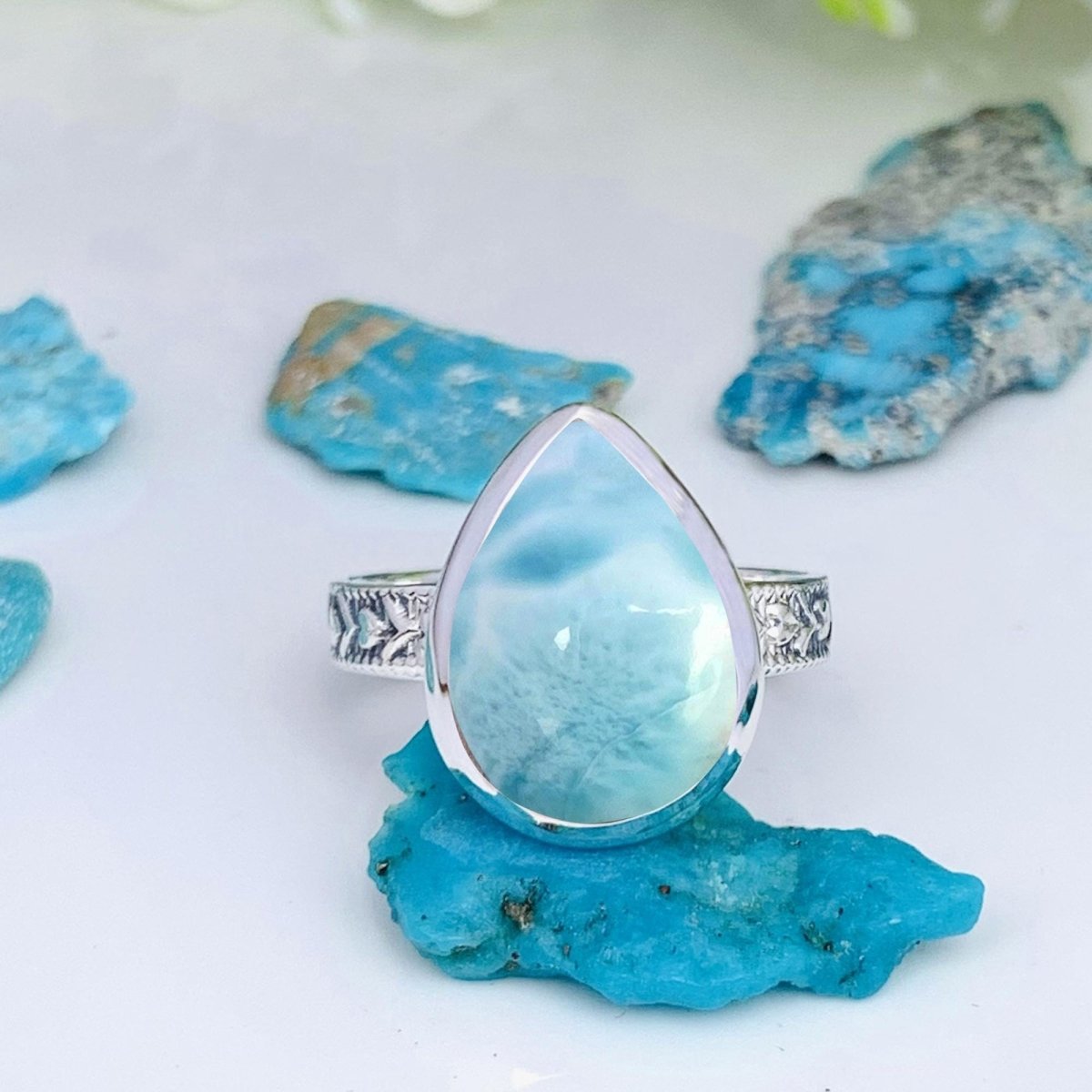 Ocean Blue Larimar Ring, Sterling Silver Boho Statement Ring - BeadsBoatInc