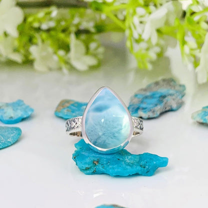 Ocean Blue Larimar Ring, Sterling Silver Boho Statement Ring - BeadsBoatInc