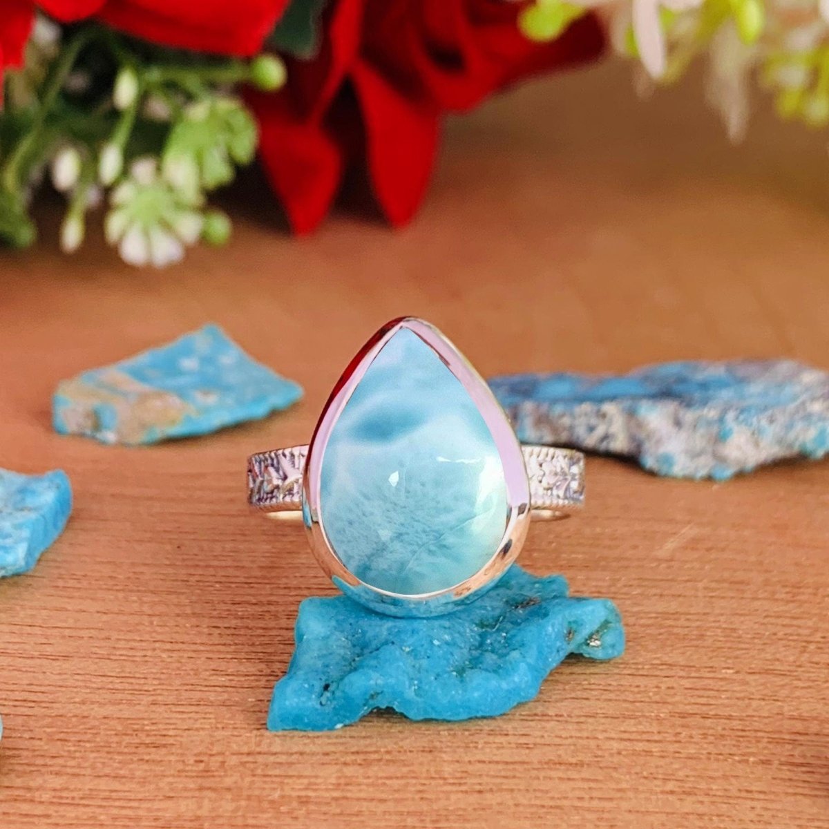 Ocean Blue Larimar Ring, Sterling Silver Boho Statement Ring - BeadsBoatInc