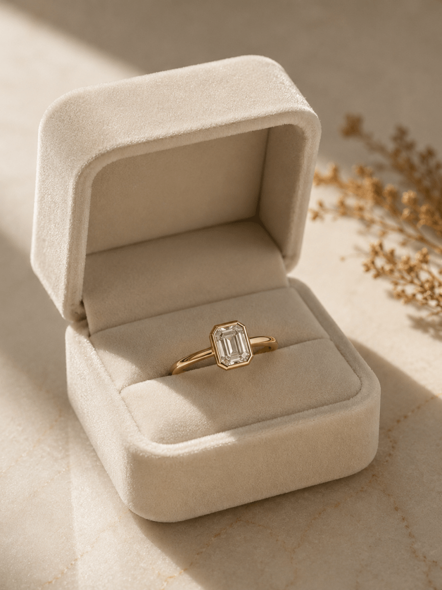 Octagon Cut Moissanite Bezel Ring – Solid Gold Solitaire Engagement Ring 9K 14K 18K – Step Cut Wedding Ring - BeadsBoatInc