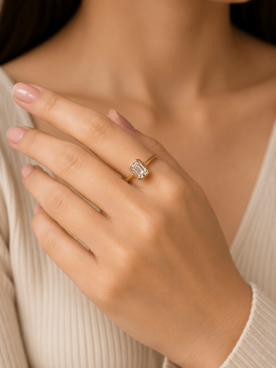 Octagon Cut Moissanite Bezel Ring – Solid Gold Solitaire Engagement Ring 9K 14K 18K – Step Cut Wedding Ring - BeadsBoatInc