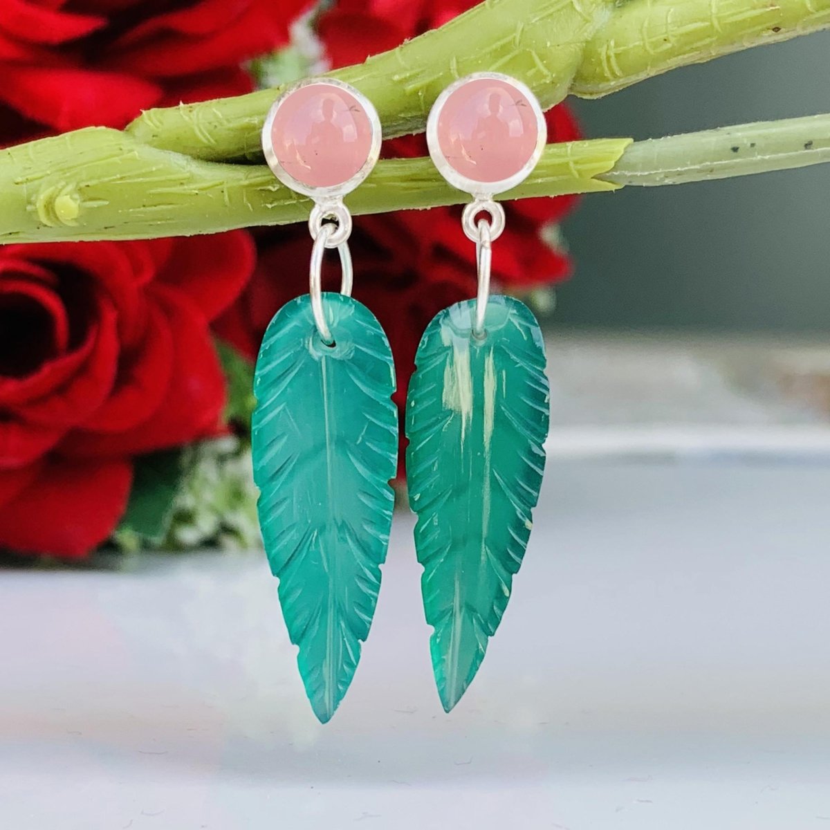 Onyx & Rose Quartz Dangler Earrings - 925 Silver Leaf Design Dangle Drops - BeadsBoatInc