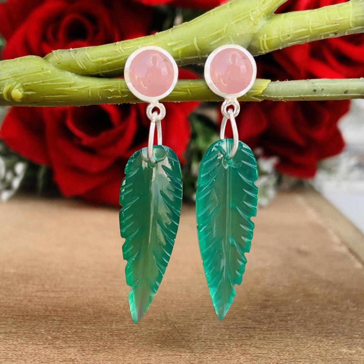 Onyx & Rose Quartz Dangler Earrings - 925 Silver Leaf Design Dangle Drops - BeadsBoatInc