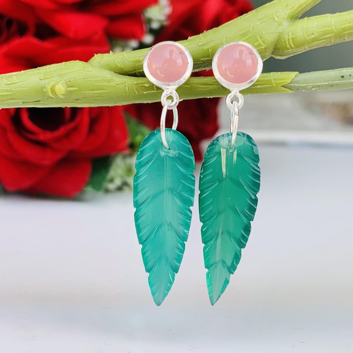 Onyx & Rose Quartz Dangler Earrings - 925 Silver Leaf Design Dangle Drops - BeadsBoatInc