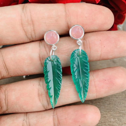 Onyx & Rose Quartz Dangler Earrings - 925 Silver Leaf Design Dangle Drops - BeadsBoatInc