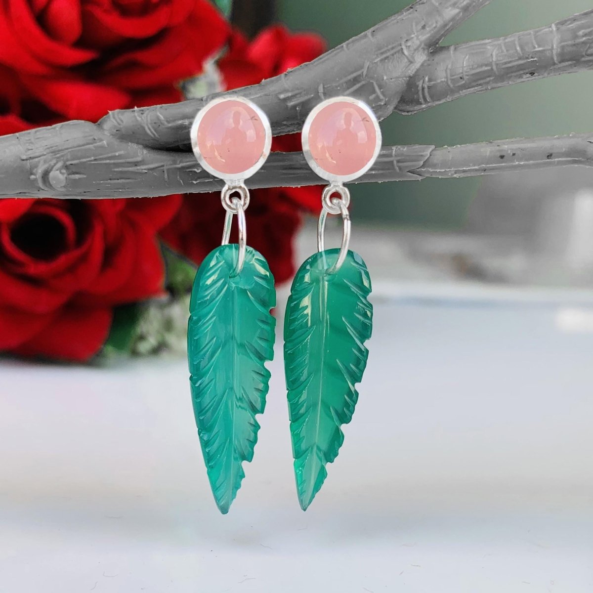 Onyx & Rose Quartz Dangler Earrings - 925 Silver Leaf Design Dangle Drops - BeadsBoatInc