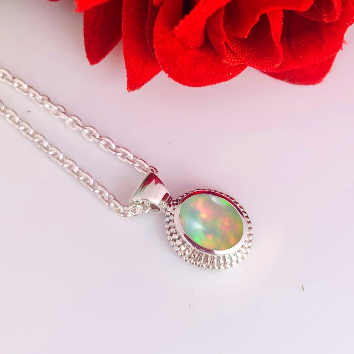 Opal Birthstone Necklace – Designer Silver Jewelry - BeadsBoatInc