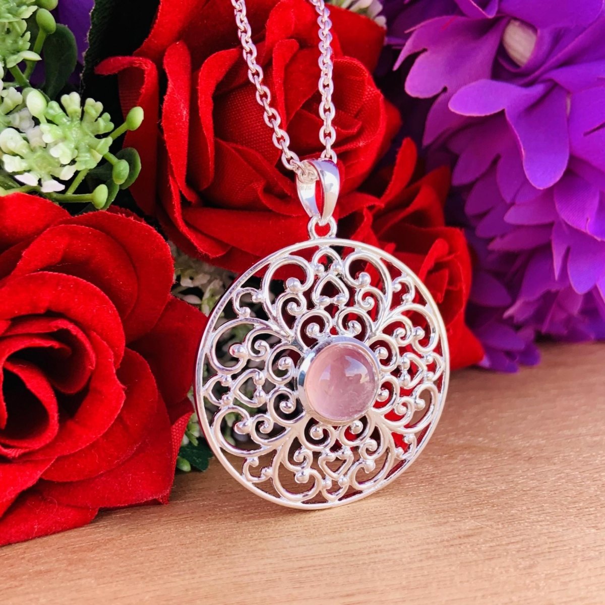 Ornate Pastel Pink Rose Quartz Filigree Silver Necklace - BeadsBoatInc