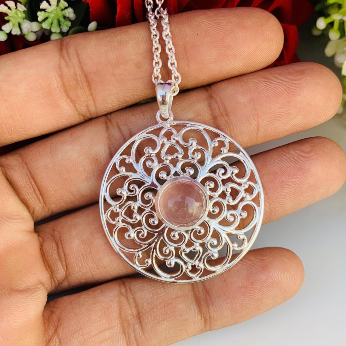 Ornate Pastel Pink Rose Quartz Filigree Silver Necklace - BeadsBoatInc