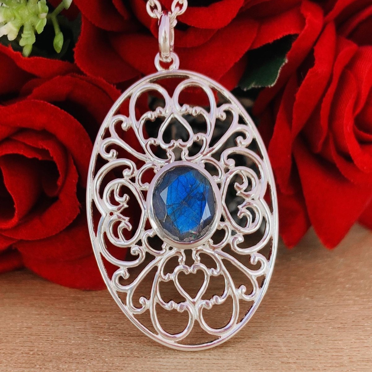 Ornate Silver Pendant ~ Natural Labradorite Necklace ~ Filigree Silver Jewelry ~ Birthday Gift For Mom ~ Promise Necklaces ~ P-0018 - BeadsBoatInc
