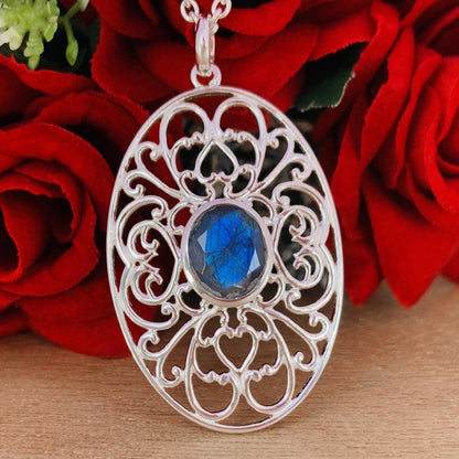 Ornate Silver Pendant ~ Natural Labradorite Necklace ~ Filigree Silver Jewelry ~ Birthday Gift For Mom ~ Promise Necklaces ~ P-0018 - BeadsBoatInc