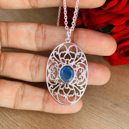 Ornate Silver Pendant ~ Natural Labradorite Necklace ~ Filigree Silver Jewelry ~ Birthday Gift For Mom ~ Promise Necklaces ~ P-0018 - BeadsBoatInc