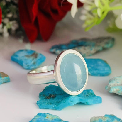 Oval Aquamarine Matte Silver Ring – Bezel Set Blue Stone Ring for Women - BeadsBoatInc