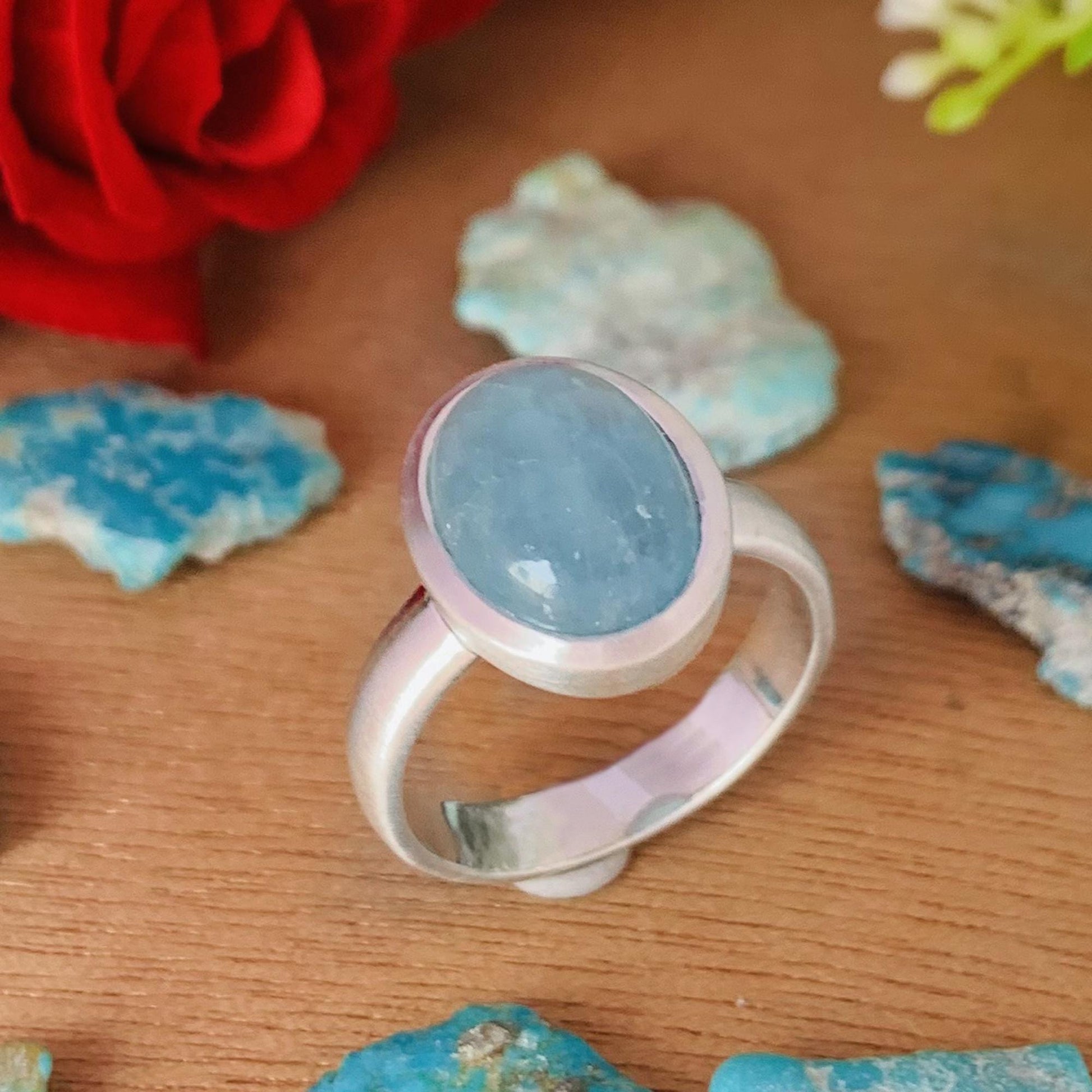Oval Aquamarine Matte Silver Ring – Bezel Set Blue Stone Ring for Women - BeadsBoatInc