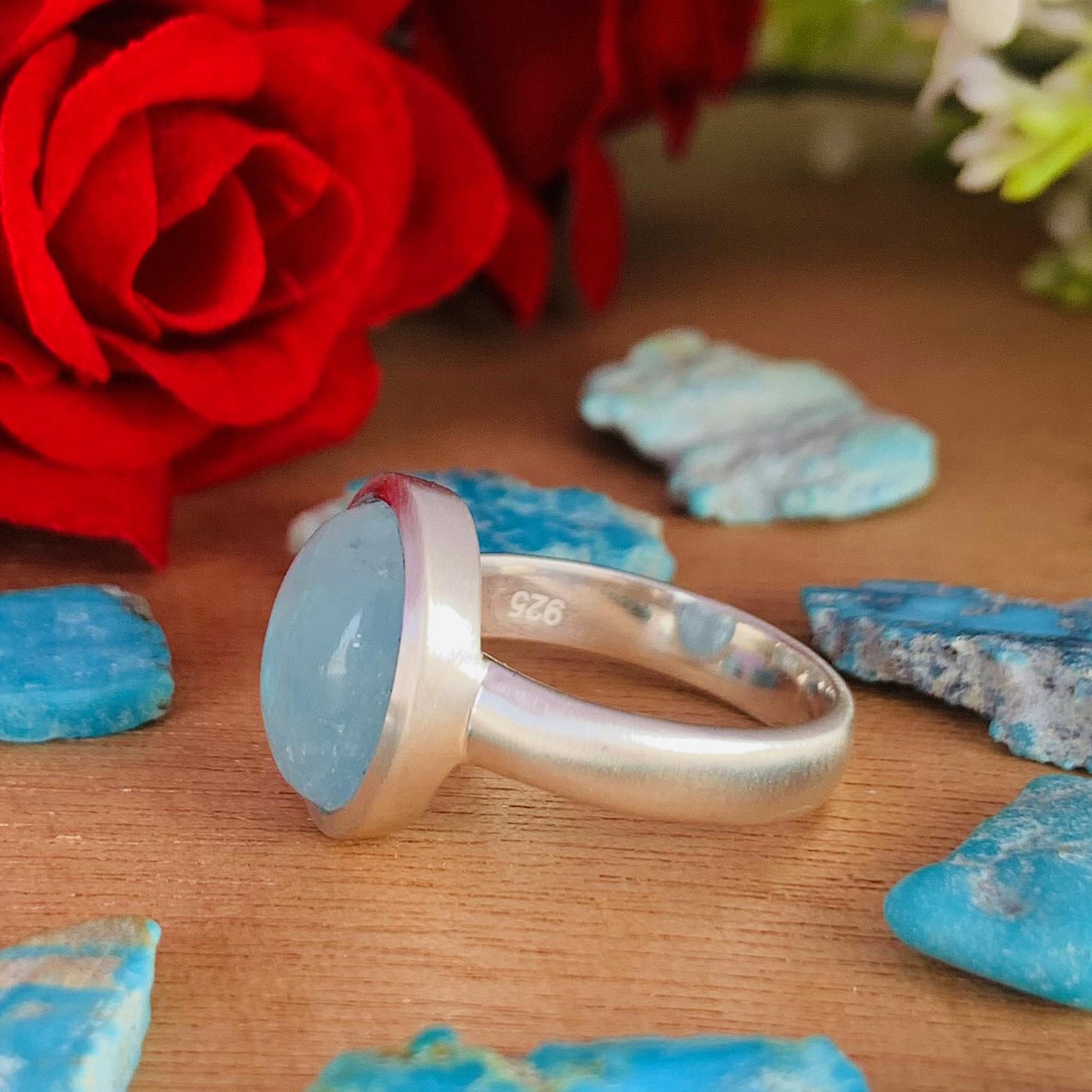 Oval Aquamarine Matte Silver Ring – Bezel Set Blue Stone Ring for Women - BeadsBoatInc
