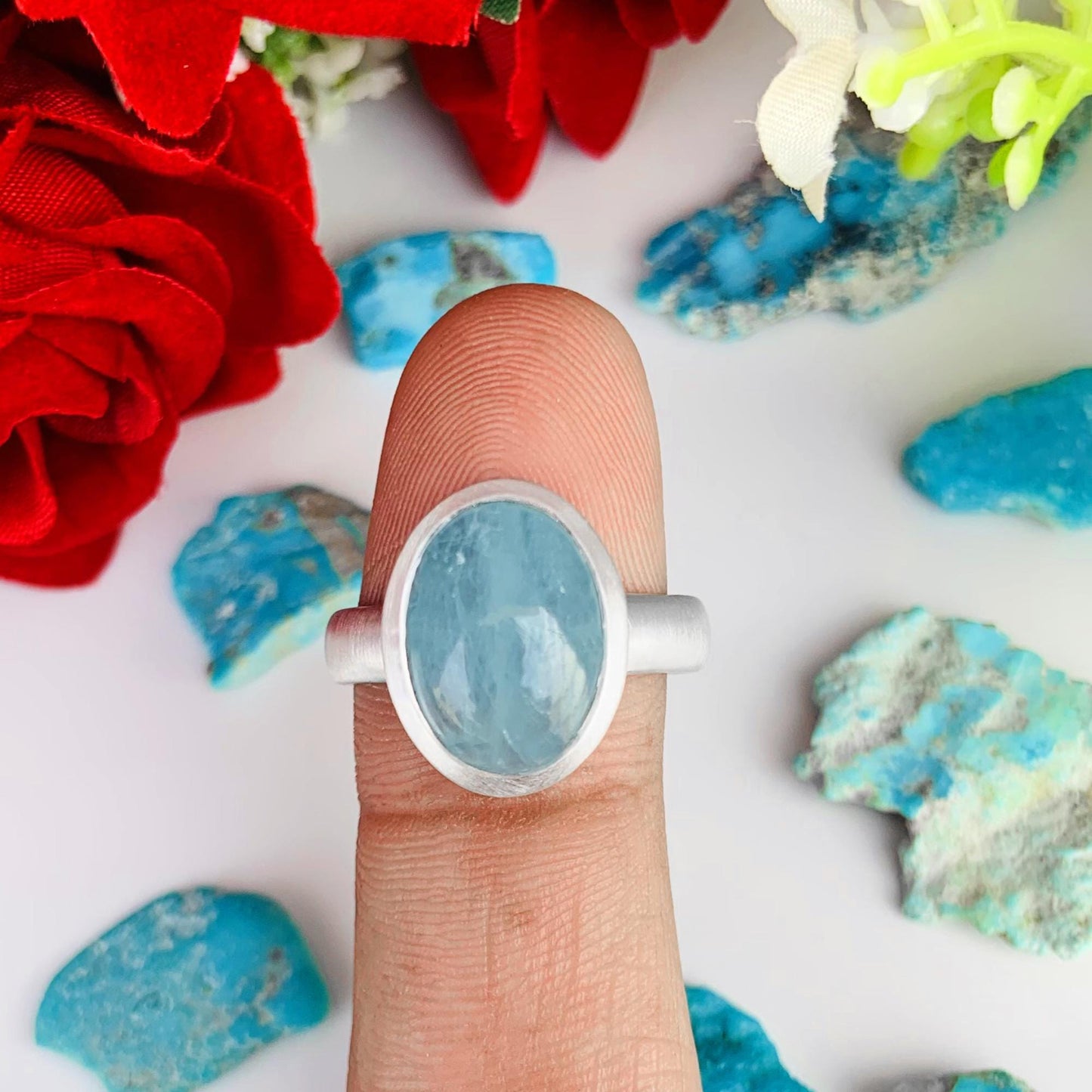 Oval Aquamarine Matte Silver Ring – Bezel Set Blue Stone Ring for Women - BeadsBoatInc