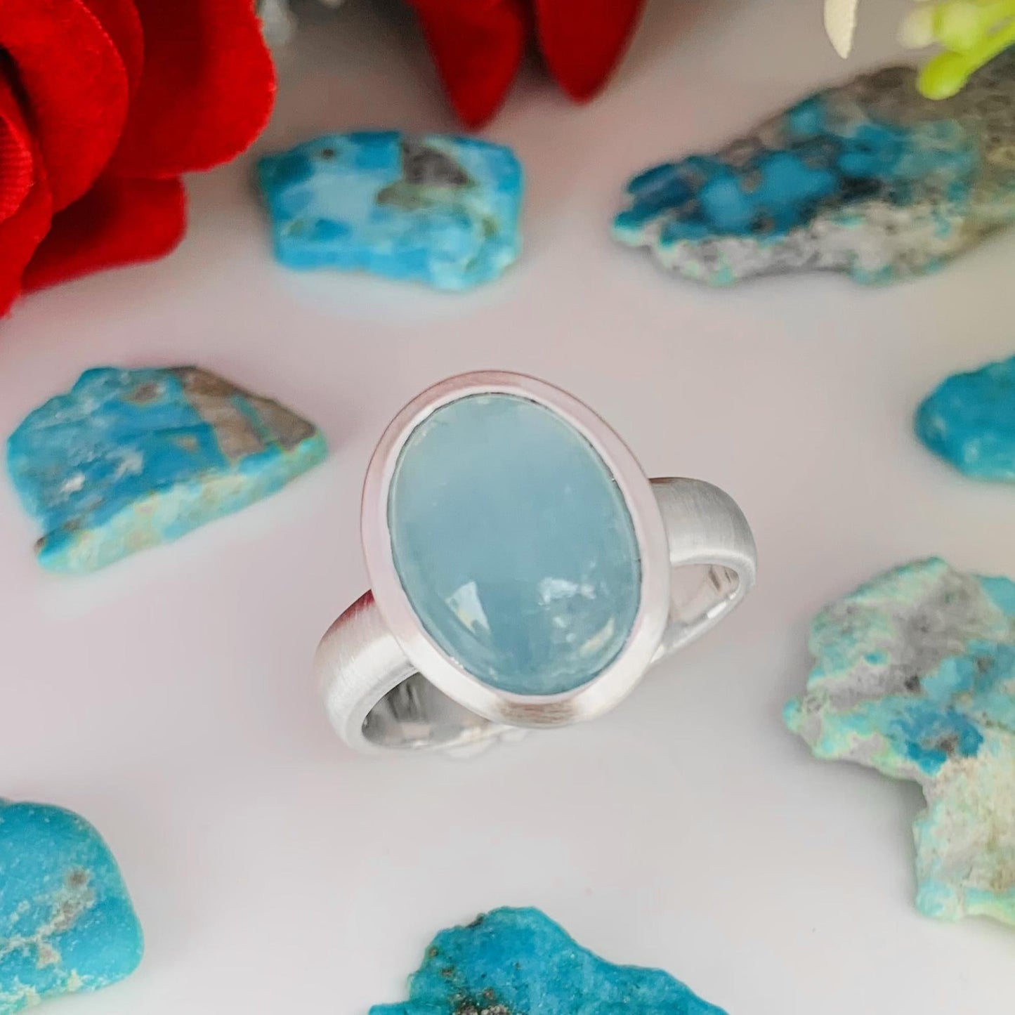 Oval Aquamarine Matte Silver Ring – Bezel Set Blue Stone Ring for Women - BeadsBoatInc