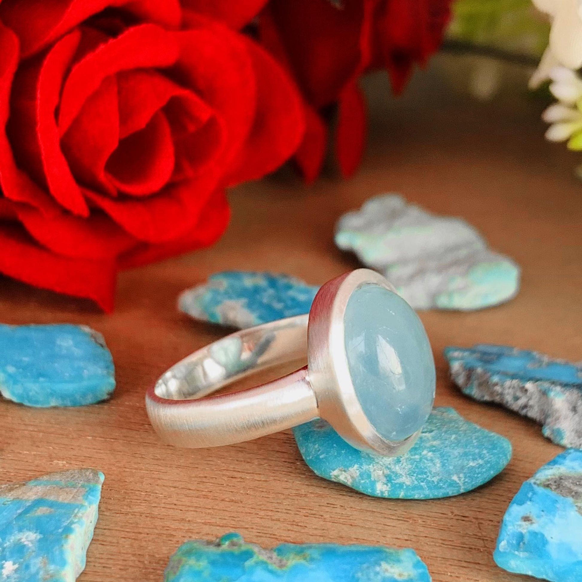 Oval Aquamarine Matte Silver Ring – Bezel Set Blue Stone Ring for Women - BeadsBoatInc