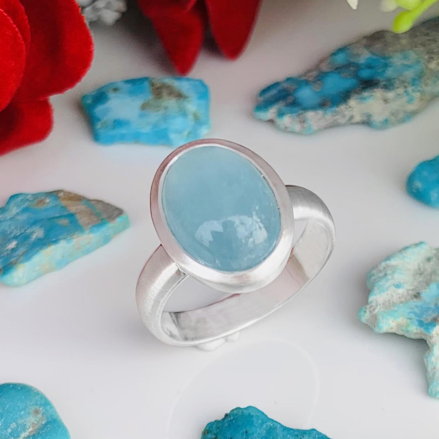 Oval Aquamarine Matte Silver Ring – Bezel Set Blue Stone Ring for Women - BeadsBoatInc