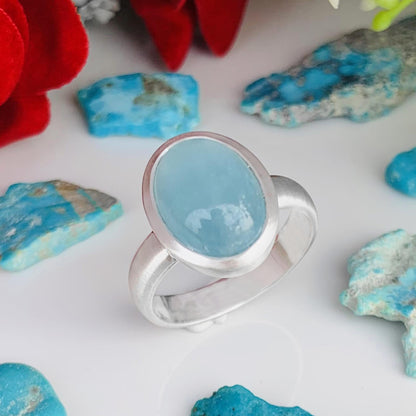 Oval Aquamarine Matte Silver Ring – Bezel Set Blue Stone Ring for Women - BeadsBoatInc