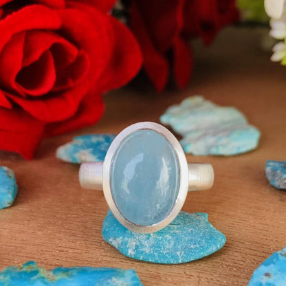 Oval Aquamarine Matte Silver Ring – Bezel Set Blue Stone Ring for Women - BeadsBoatInc