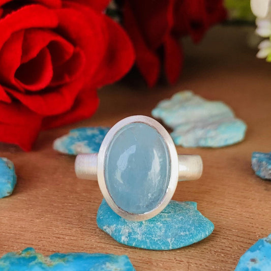 Oval Aquamarine Matte Silver Ring – Bezel Set Blue Stone Ring for Women - BeadsBoatInc