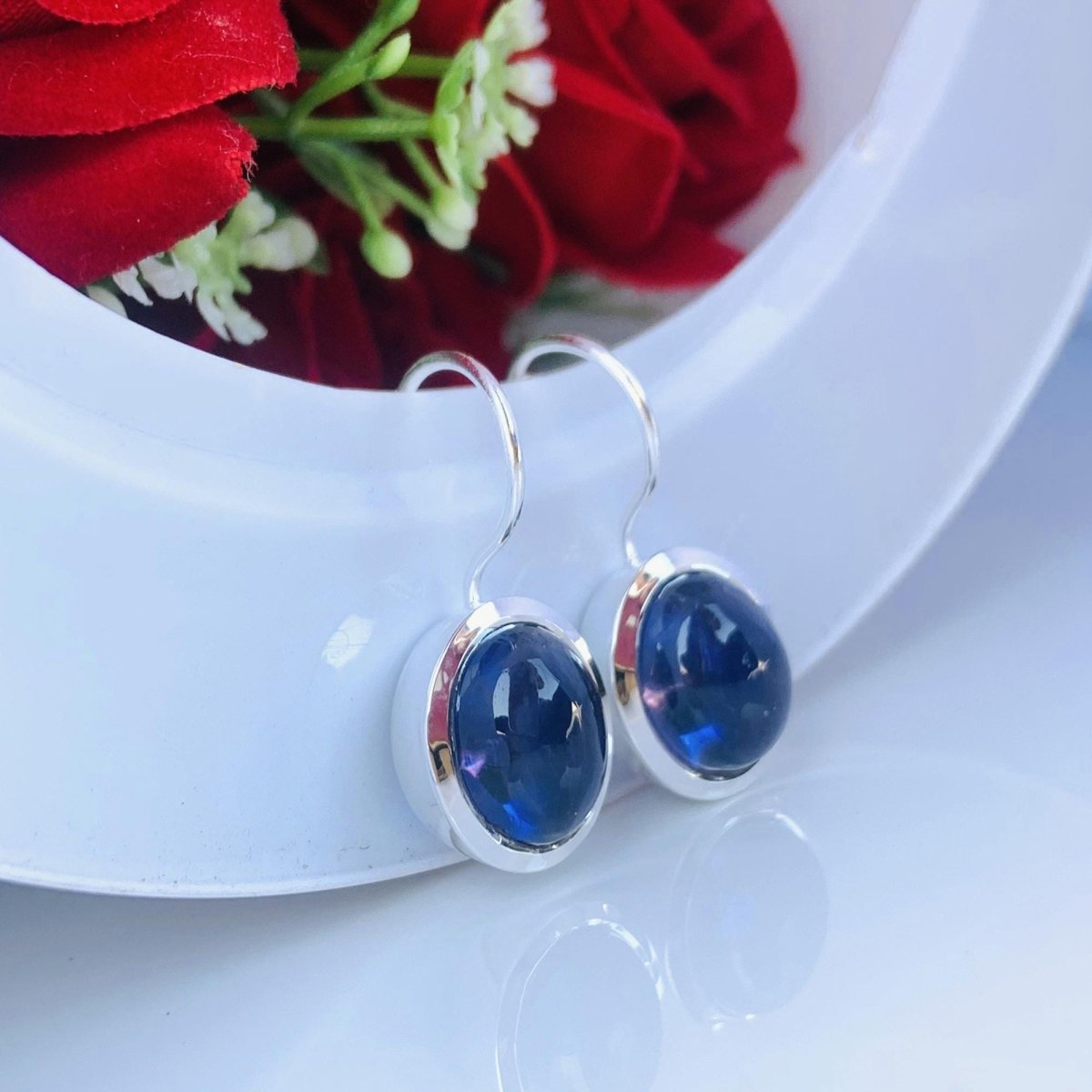 Oval Blue Iolite Earrings - 925 Silver Dangle Drops, Gift for Her - BeadsBoatInc