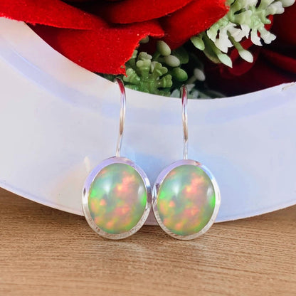 Oval Ethiopian Opal Earrings - 925 Sterling Silver Dangle Drops Earrings for Women - BeadsBoatInc