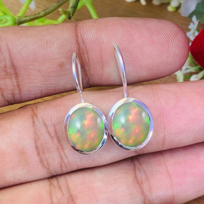 Oval Ethiopian Opal Earrings - 925 Sterling Silver Dangle Drops Earrings for Women - BeadsBoatInc