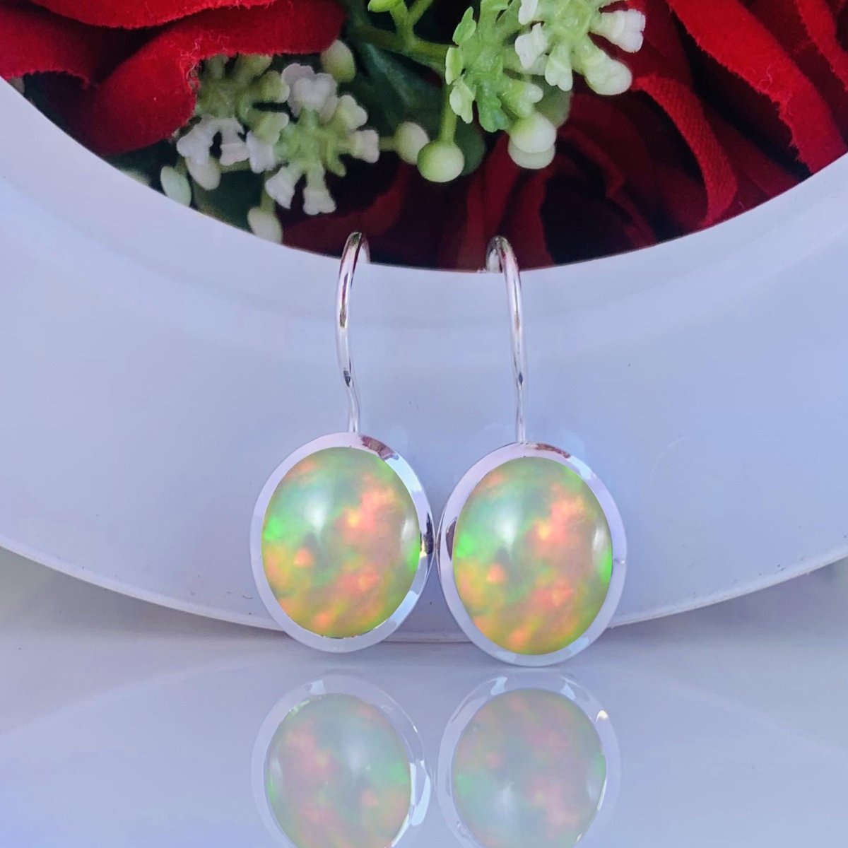 Oval Ethiopian Opal Earrings - 925 Sterling Silver Dangle Drops Earrings for Women - BeadsBoatInc