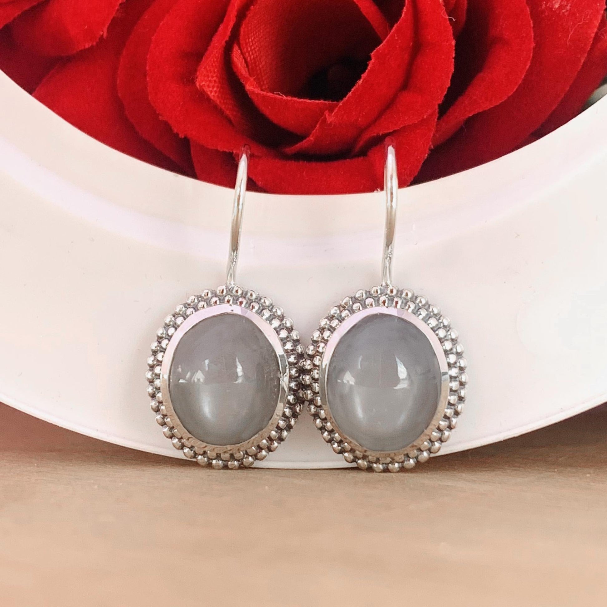 Oval Gray Silk Moonstone Dangle Earrings 925 Sterling Silver Statement Jewelry - BeadsBoatInc