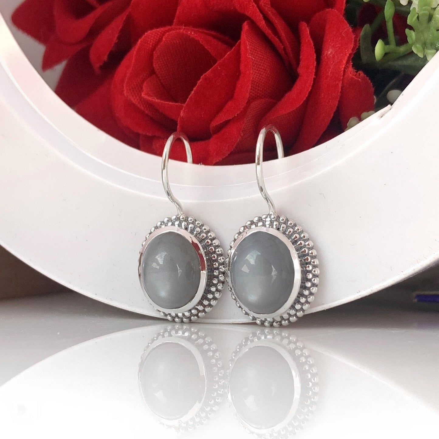 Oval Gray Silk Moonstone Dangle Earrings 925 Sterling Silver Statement Jewelry - BeadsBoatInc