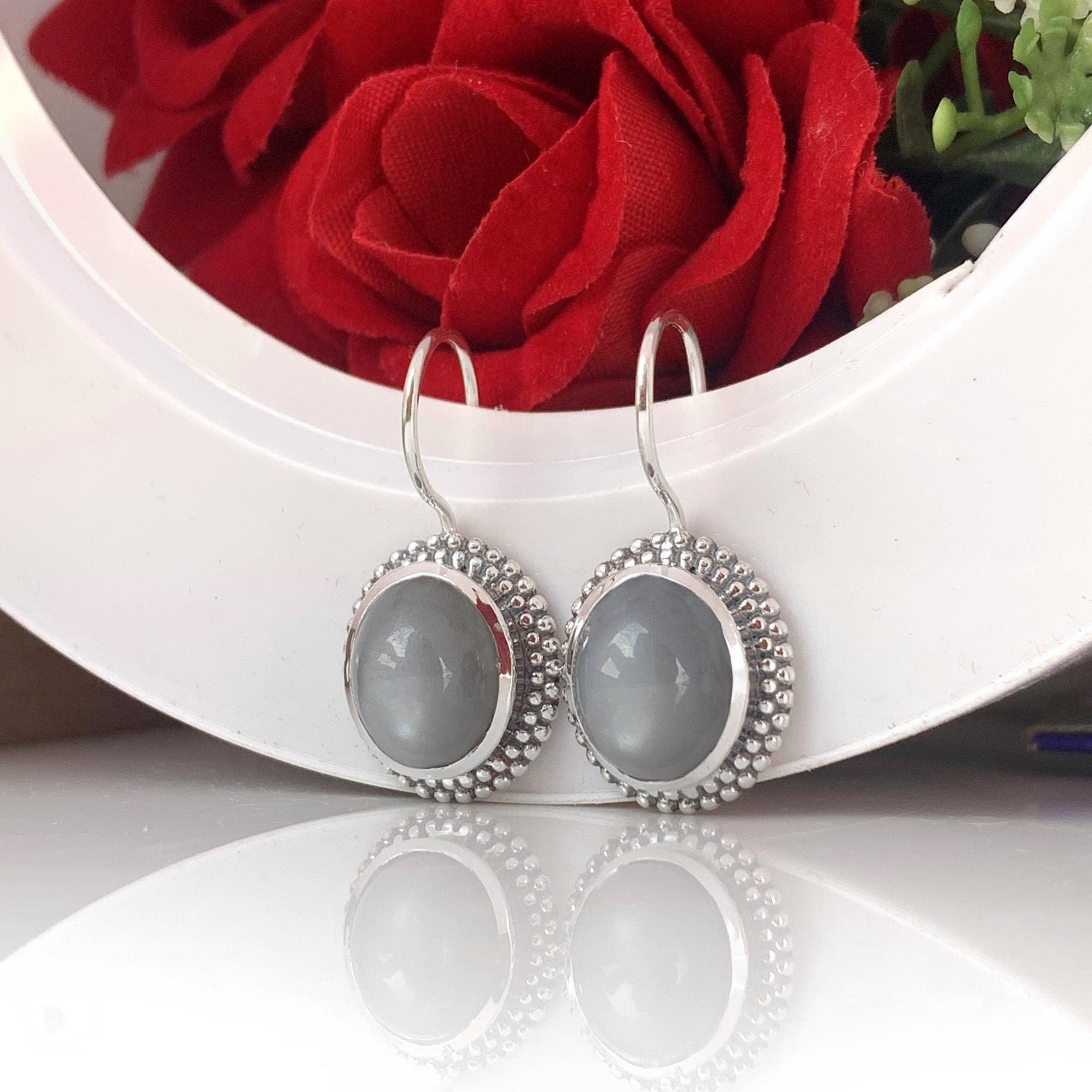 Oval Gray Silk Moonstone Dangle Earrings 925 Sterling Silver Statement Jewelry - BeadsBoatInc