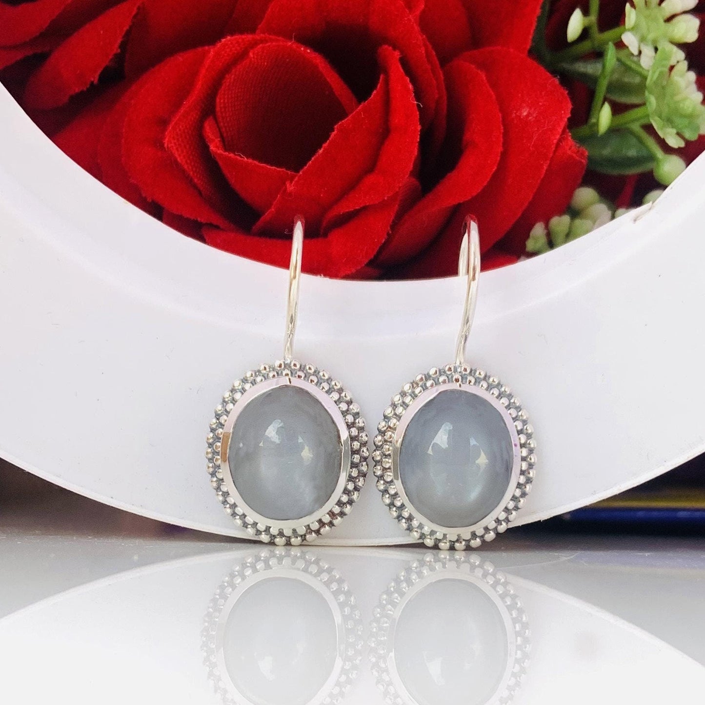 Oval Gray Silk Moonstone Dangle Earrings 925 Sterling Silver Statement Jewelry - BeadsBoatInc