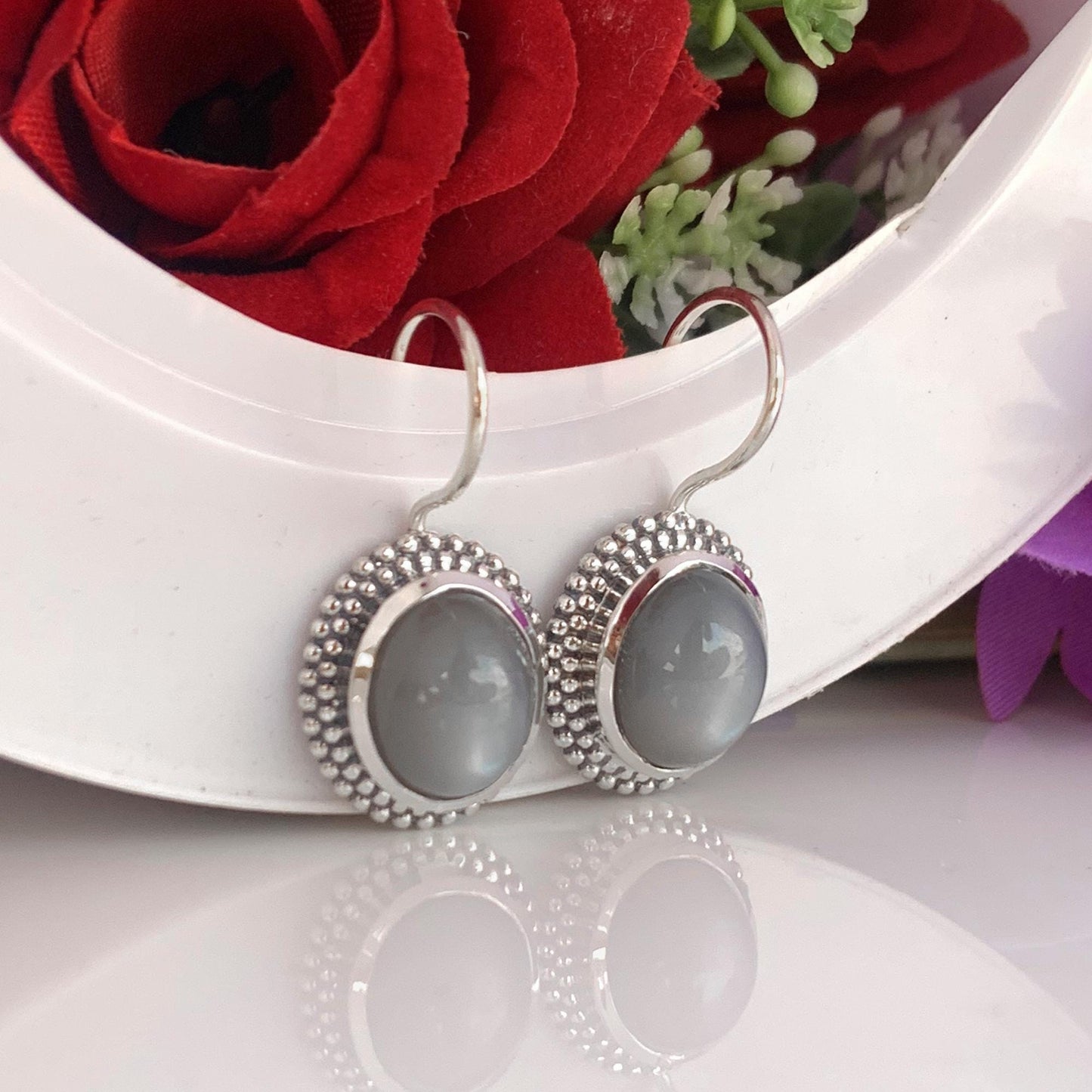Oval Gray Silk Moonstone Dangle Earrings 925 Sterling Silver Statement Jewelry - BeadsBoatInc