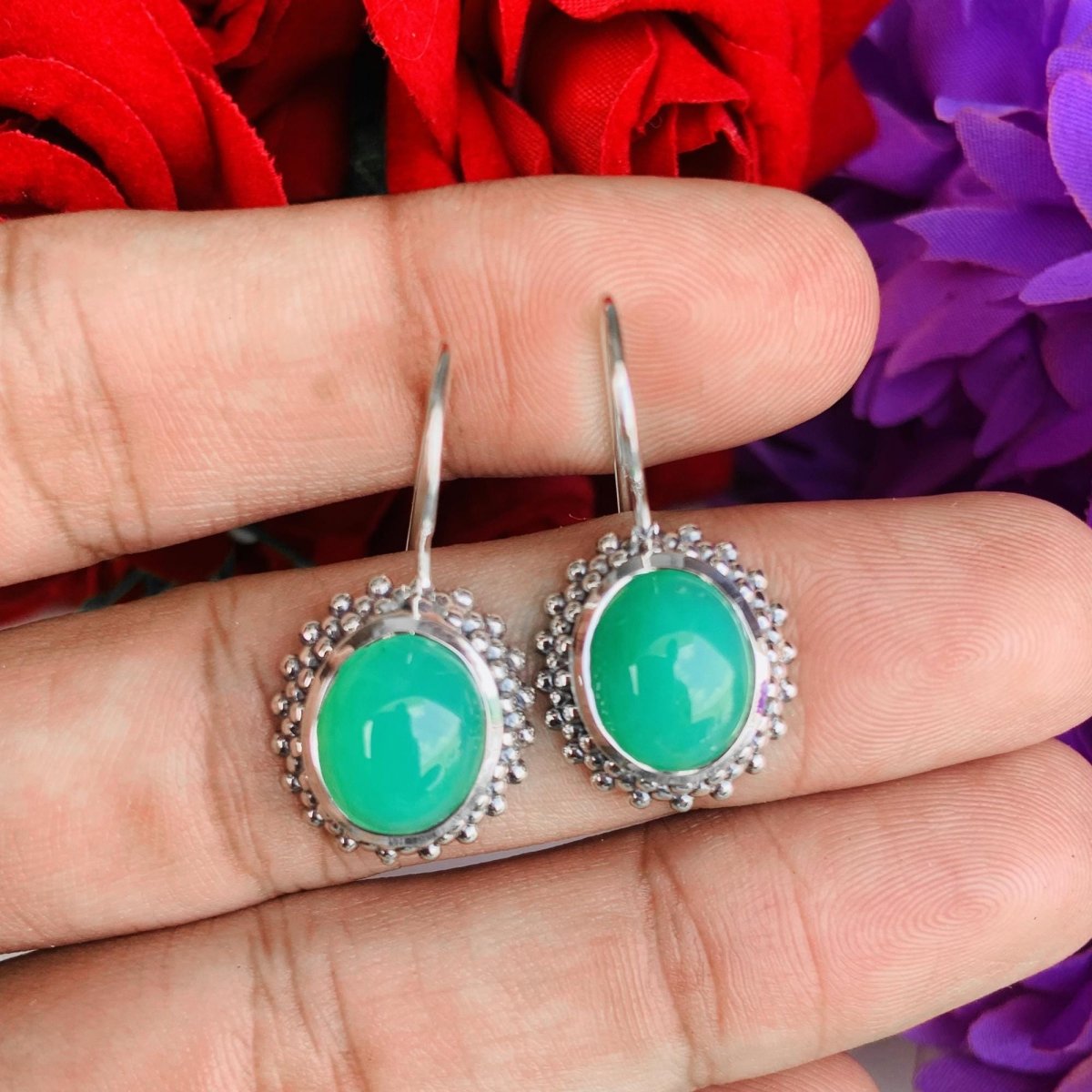Oval Green Chrysoprase Dangle Earrings 925 Sterling Silver Gift For Her - BeadsBoatInc