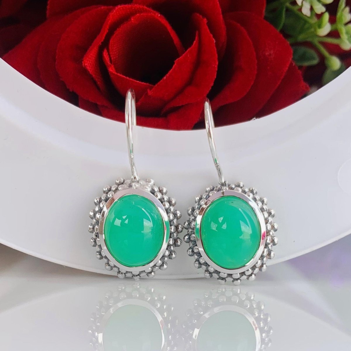 Oval Green Chrysoprase Dangle Earrings 925 Sterling Silver Gift For Her - BeadsBoatInc
