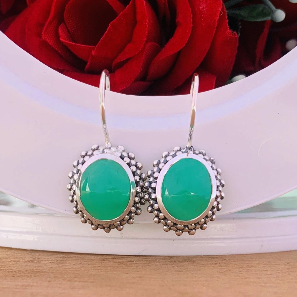 Oval Green Chrysoprase Dangle Earrings 925 Sterling Silver Gift For Her - BeadsBoatInc