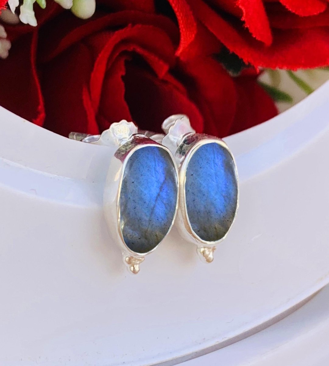 Oval Labradorite Stud Earrings - 925 Sterling Silver Handmade Jewelry Gift - BeadsBoatInc